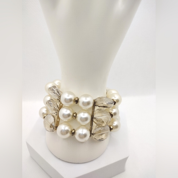 Fashion Chunky Faux Pearl Clear Glass Beads and Rhinestone Bracelet - Picture 2 of 5